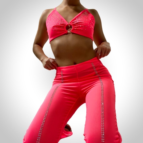 Elsie & Fred Neon Pink Mesh Crop Top with Diamante - Picture 2 of 3